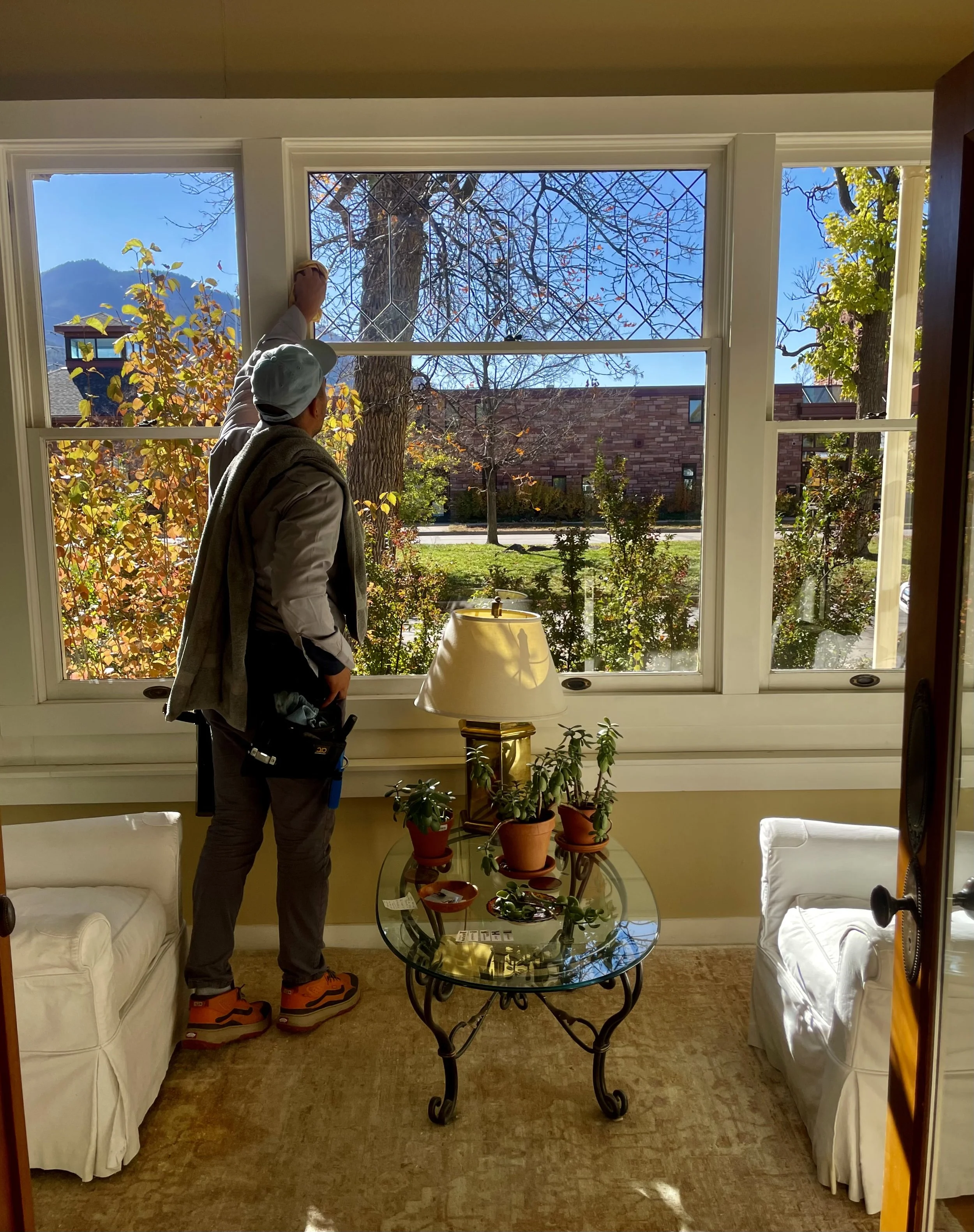 A technician cleaning decorative windows in a living room with a view of trees and mountains outside. The room has potted plants, a glass coffee table with items underneath, and a white couch and lamps. The scene is brightly lit with sunlight.