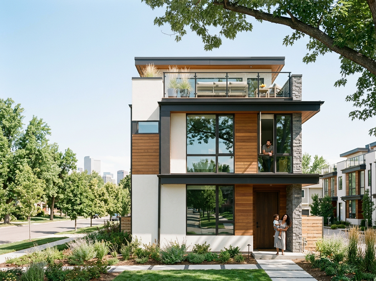 Modern three-story residential building with large glass windows, wood paneling, and a small landscaped front yard in Denver, Colorado. The background includes a neighborhood with other modern houses and green trees.
