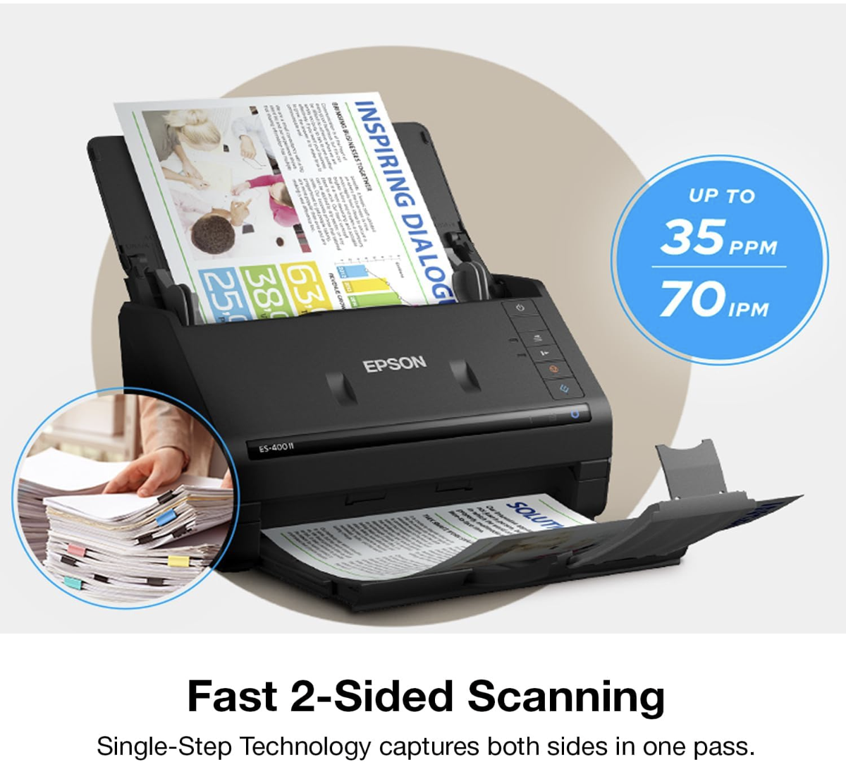 A black Epson document scanner scanning a double-sided page of a magazine or brochure, with a blue circle indicating scanning speeds of up to 35 pages per minute and 70 images per minute. It also shows a smaller inset image of a person handling a stack of papers with colored tabs.
