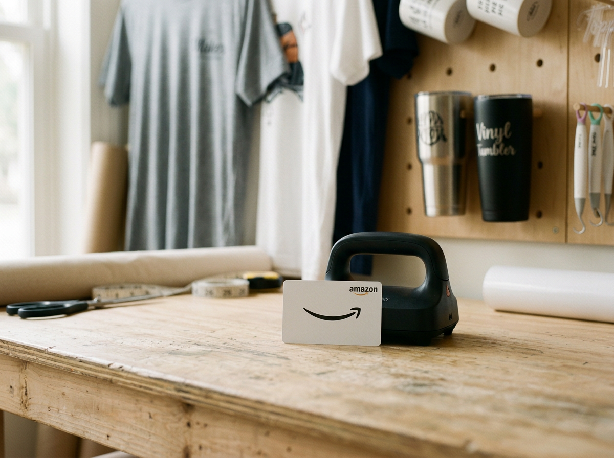 A wooden work table with a black Amazon Dash Smart Shelf, a gift card with a smiley face, and scissors. In the background, there are metal cups, hanging T-shirts, and a pegboard with other tools and supplies.