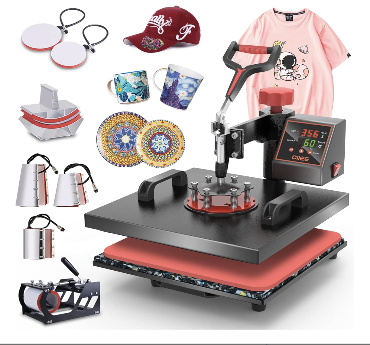 A mug heat press machine with various accessories, including mugs, plates, a hat, and sublimation printing equipment, used for customizing items with heat transfer. Items like plates and mugs are decorated with colorful patterns and designs, with a pink t-shirt featuring a cartoon astronaut design in the background.