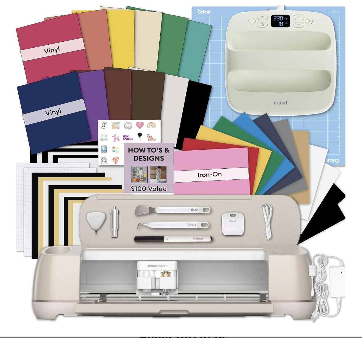 A Cricut cutting machine with various colorful vinyl sheets, tools, a light grip mat, and instruction booklets for crafting and making designs.