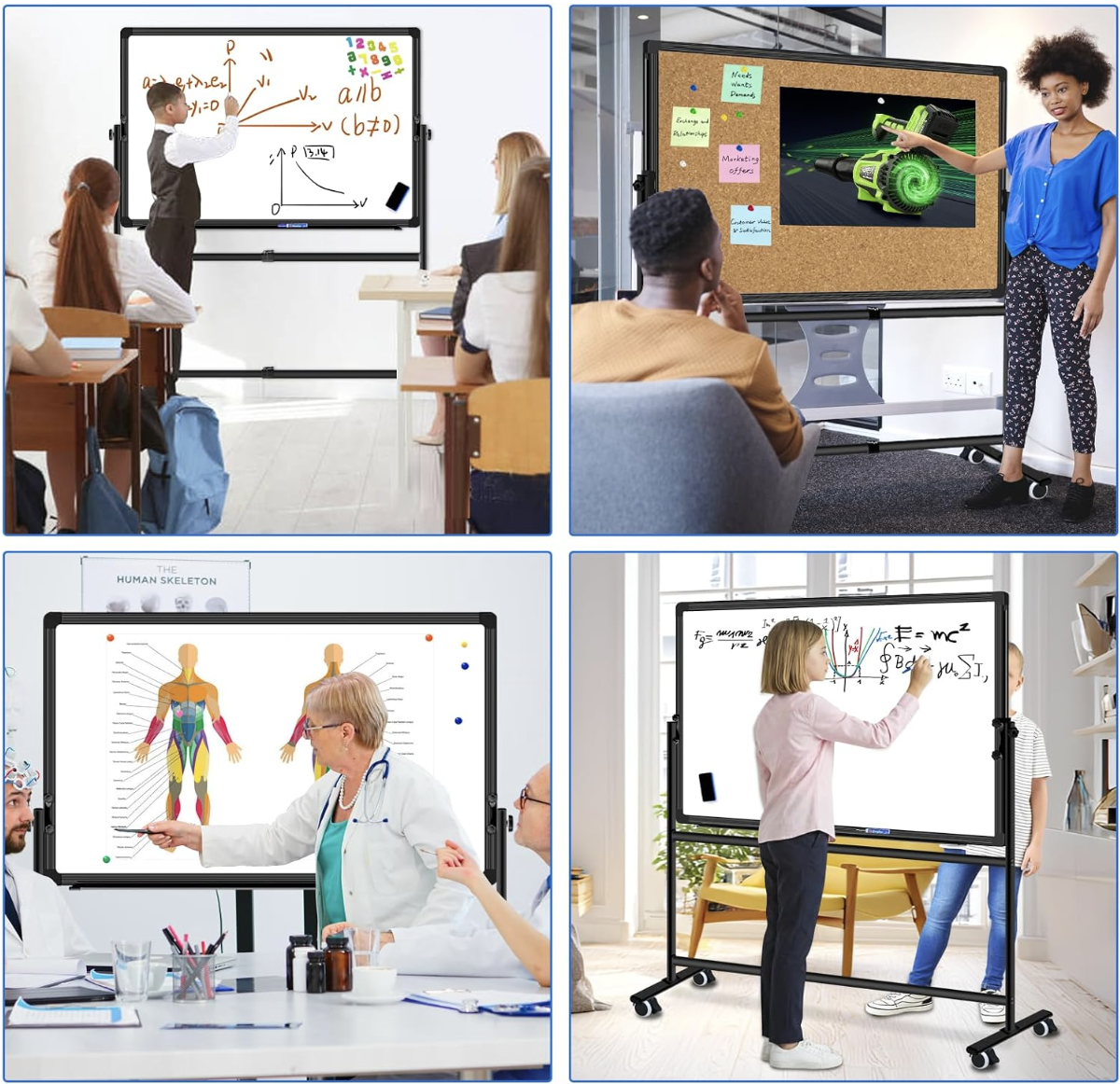Collage of four classroom or training settings, each with a teacher or presenter using a digital interactive whiteboard to teach various subjects including mathematics, marketing, anatomy, and physics.