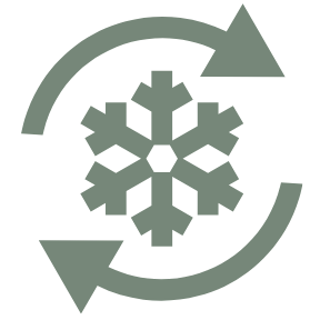 A snowflake surrounded by two circular arrows forming a recycling symbol.