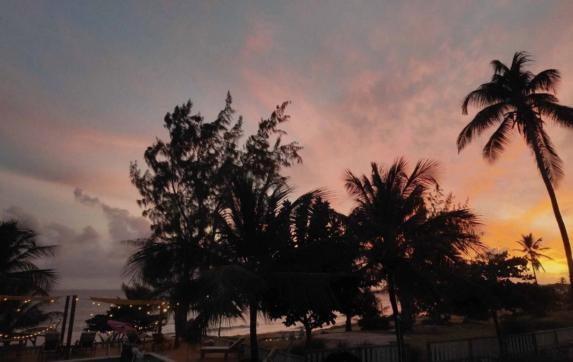 Sunset over a beach with palm trees, some string lights, and outdoor seating areas.