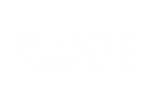 Black background with the white word 'SHAPE' written in large, bold letters