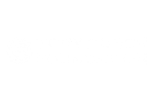 Tory Burch Foundation logo featuring a white circle and text on a black background.