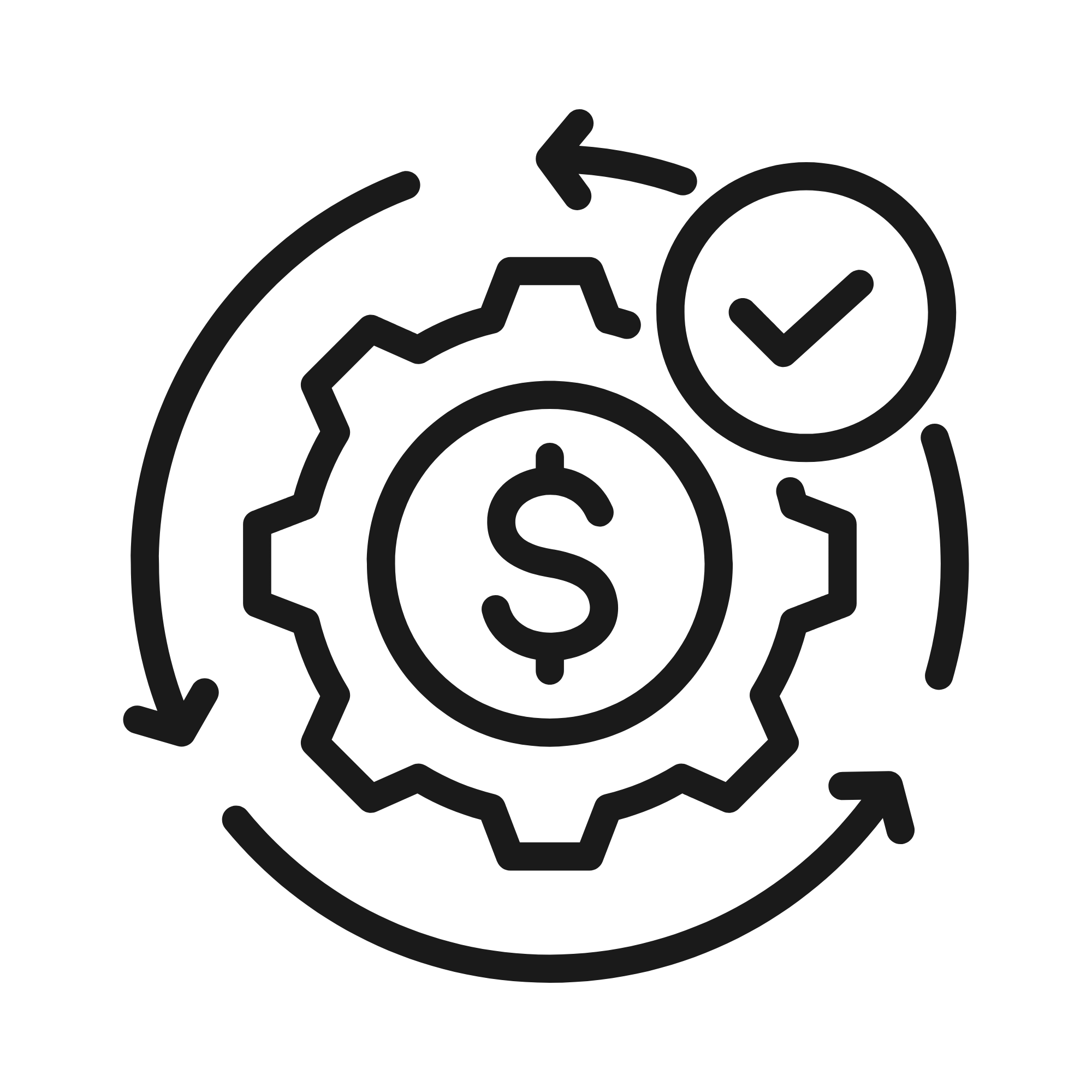 Line drawing of a gear, clock, dollar sign, and check mark connected with arrows, representing financial process or workflow.
