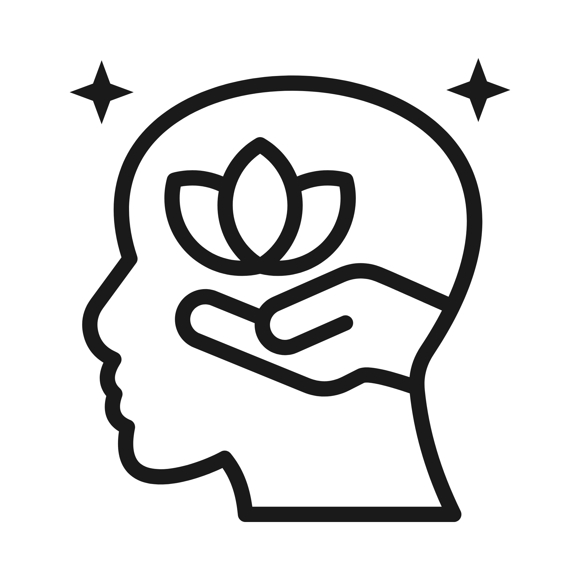 Black and white line drawing of a person's side profile with a hand adjusting their glasses.