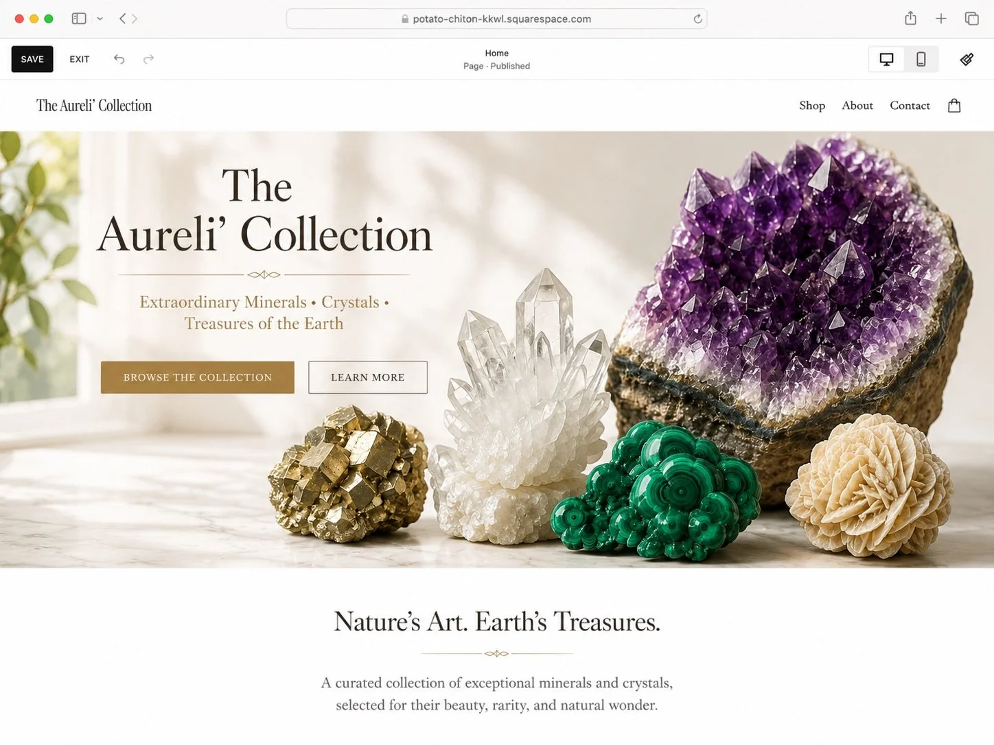 A collection of colorful mineral specimens, including an amethyst geode, a cluster of clear quartz crystals, a natural pyrite mineral, a green malachite, and a natural honey calcite mineral, displayed on a white surface with a soft-focus background.