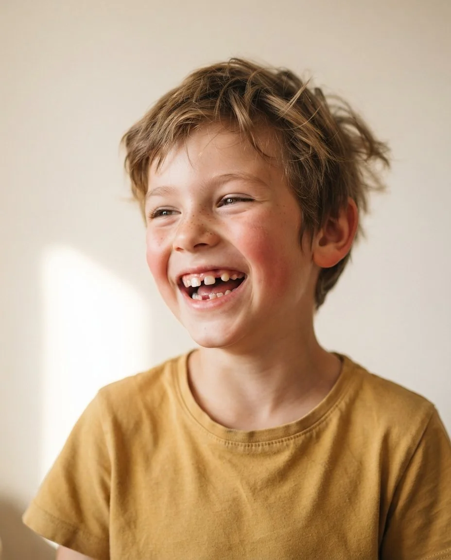 Junge lacht mit Zahnlücke. Kinderzahnmedizin ohne Druck, Zahnarztpraxis zur alten Waage in Binningen