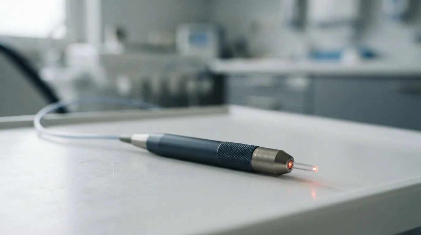 Laserhandstück mit rotem Zielstrahlpunkt auf hellem Tisch. Laserzahnmedizin in Binningen