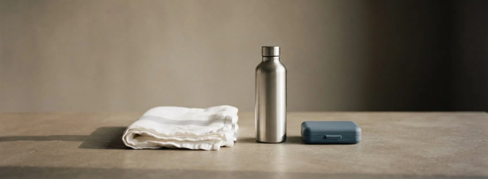 Etui für den Sportmundschutz neben Trinkflasche und Handtuch. Zahnarztpraxis zur alten Waage in Binningen
