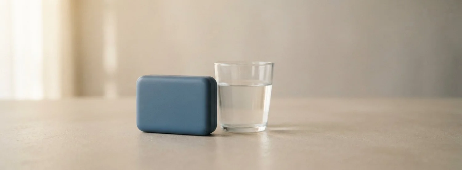 Aligner in ihrer Box neben einem Glas Wasser: herausnehmbar im Alltag