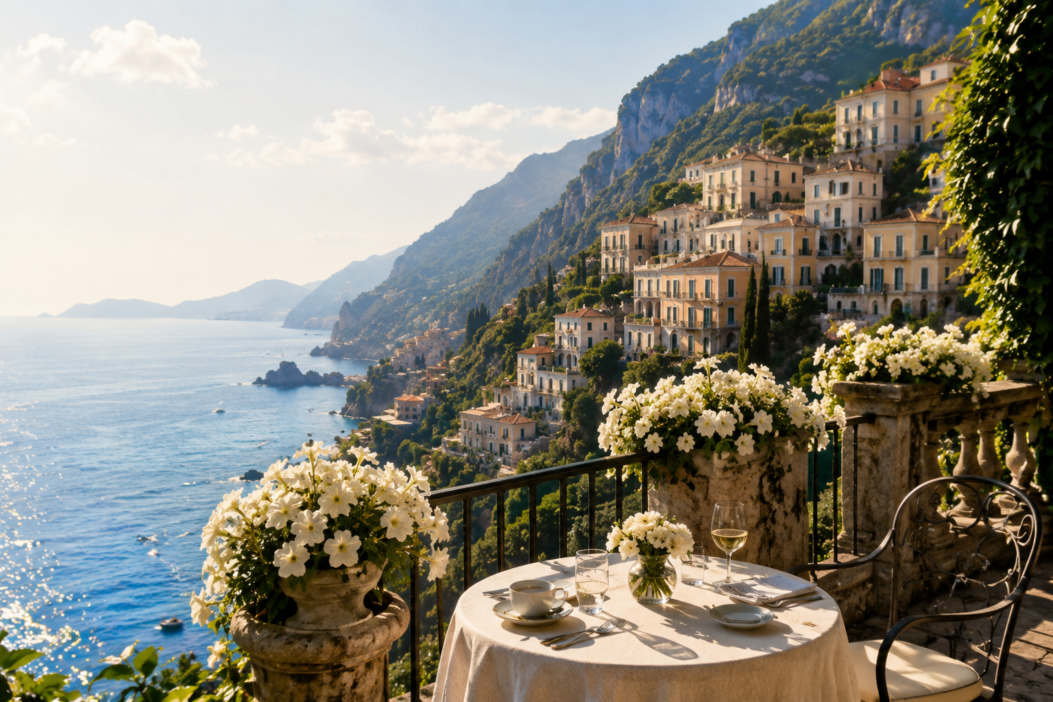 Luxury terrace overlooking the Amalfi Coast in Italy.