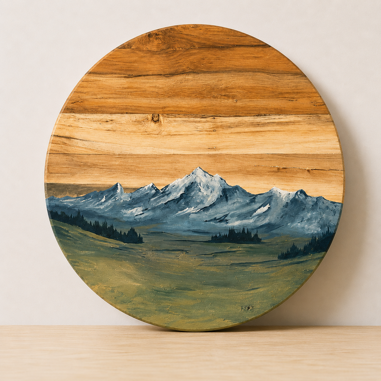 Hand-Painted Mountain Landscape Wooden Plaque