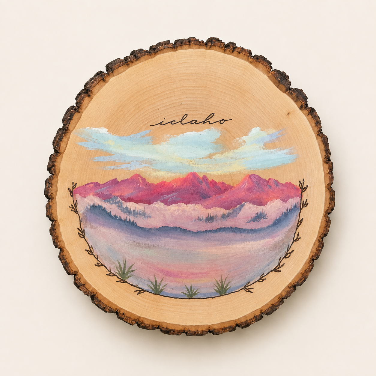 Idaho Landscape Hand-Painted Wooden Slice Art