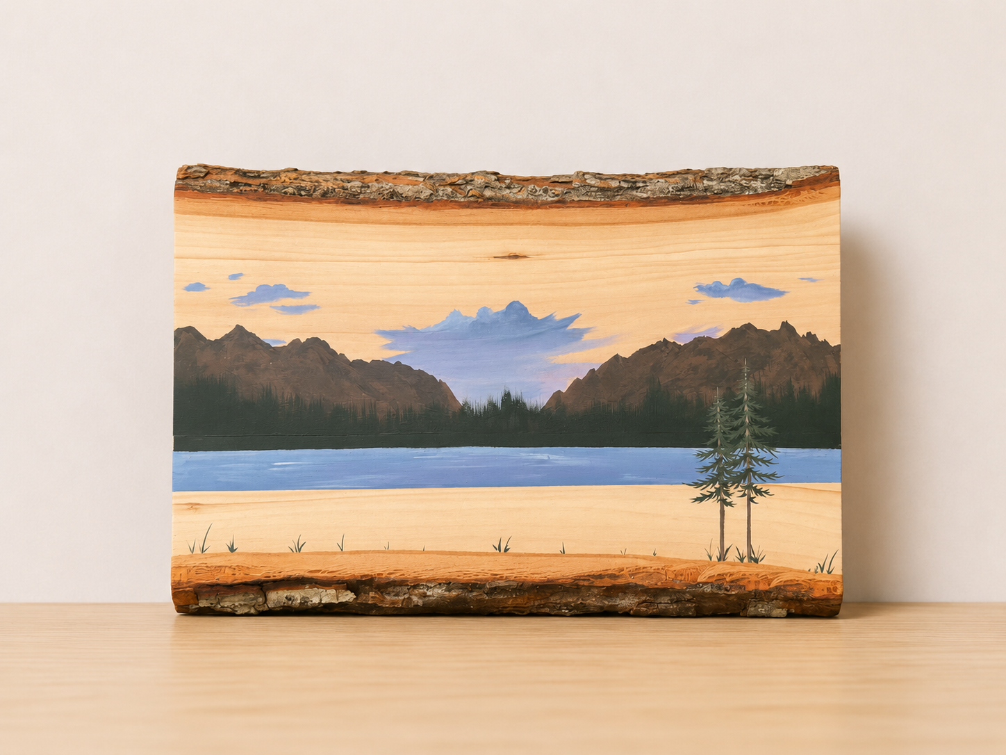Rustic Hand-Painted Mountain Landscape on Wood