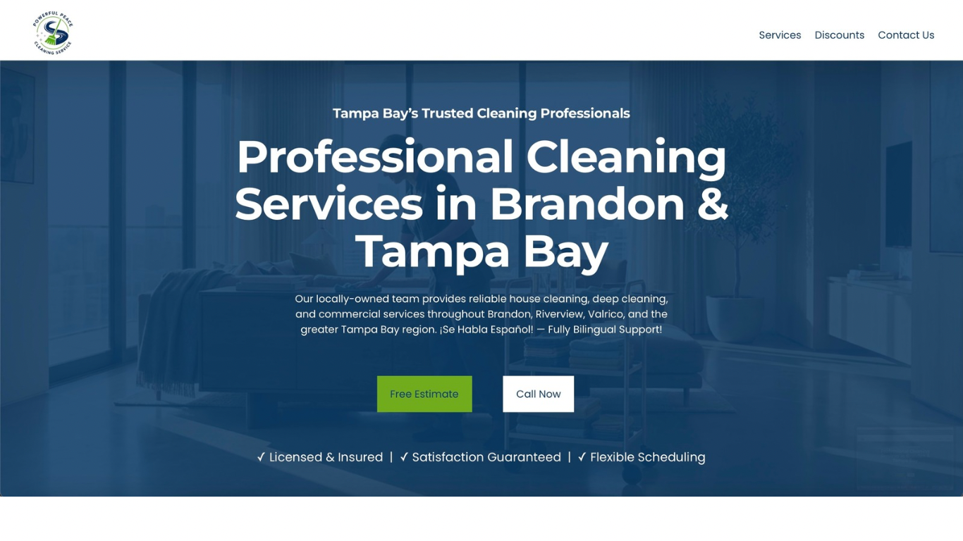 Screenshot of a website homepage for a cleaning service company in Tampa Bay offering professional cleaning services in Brandon and Tampa Bay. The page features a blue theme with large white text announcing the company's services, a green 'Free Estimate' button, and a white 'Call Now' button. Navigation options include Services, Discounts, and Contact Us. The company's logo and a background image of a modern living room are visible.