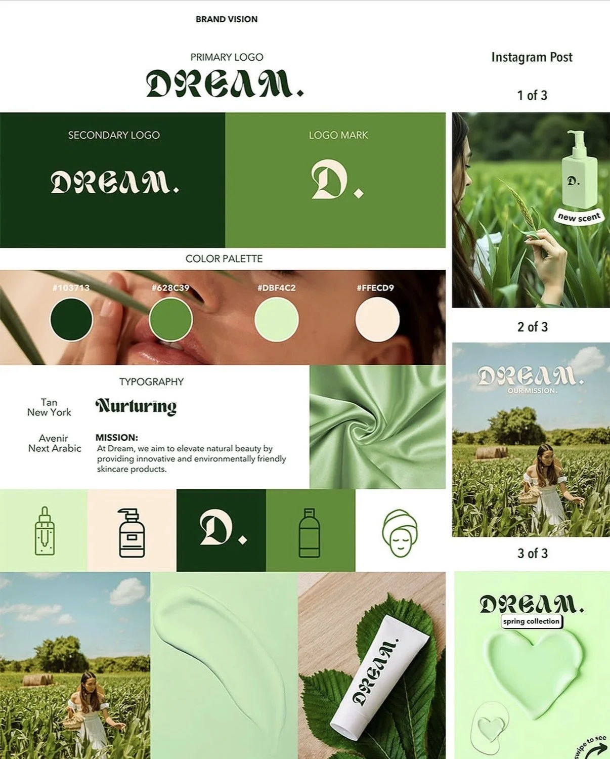 Brand style guide showcasing the 'Dream' skincare brand, including logos, color palette, typography, product images, and mission statement emphasizing natural beauty and environmentally friendly products.