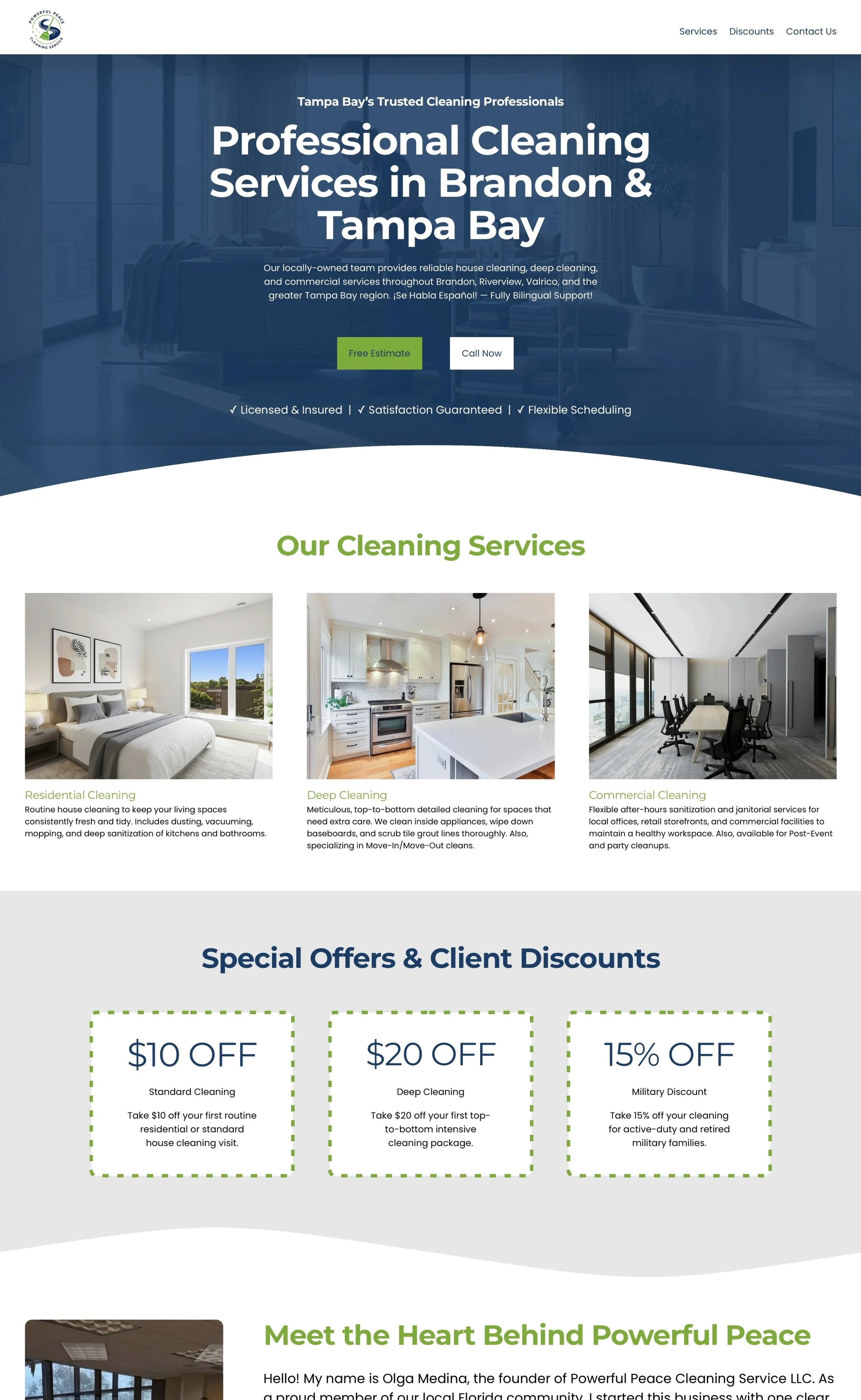 Homepage of a cleaning service website featuring services in Brandon and Tampa Bay, with sections on cleaning types and special offers.