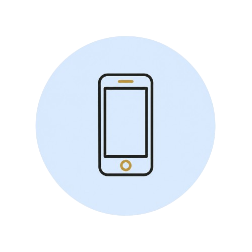 Icon of a smartphone with a blank screen, outlined in black, on a light blue circular background.
