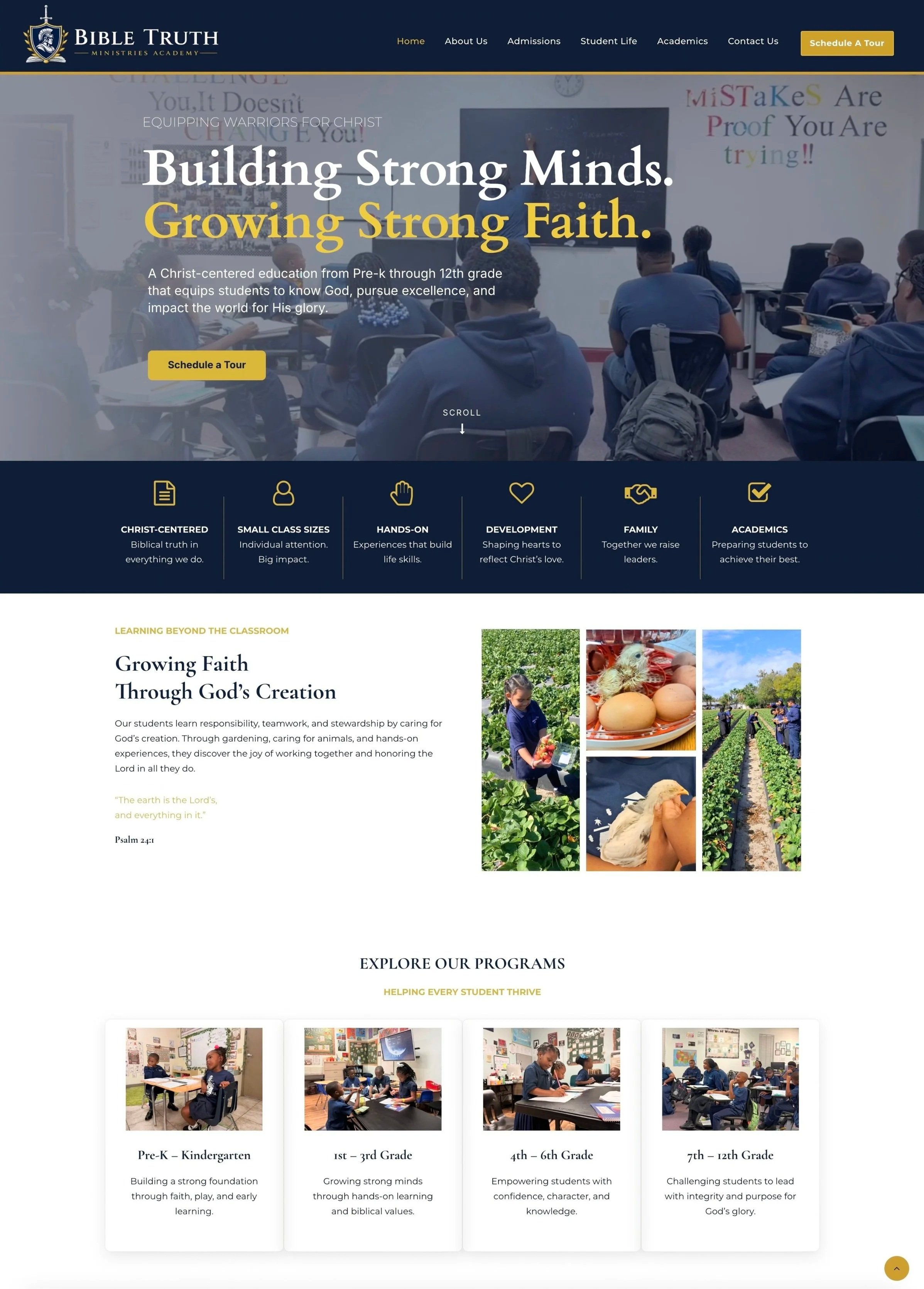 Screenshot of the homepage of Bible Truth Ministries Academy website showing a classroom with students, a large digital screen, and motivational words on the wall. The site features a dark blue header with navigation links and a yellow button to schedule a tour. Main headline emphasizes building strong minds and faith, with sections highlighting programs for different grade levels.