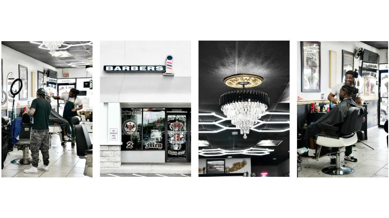 Four images of a barbershop, including barbers working on clients, a storefront with barber shop signage, a decorative chandelier, and interior decor with lighting and artwork.