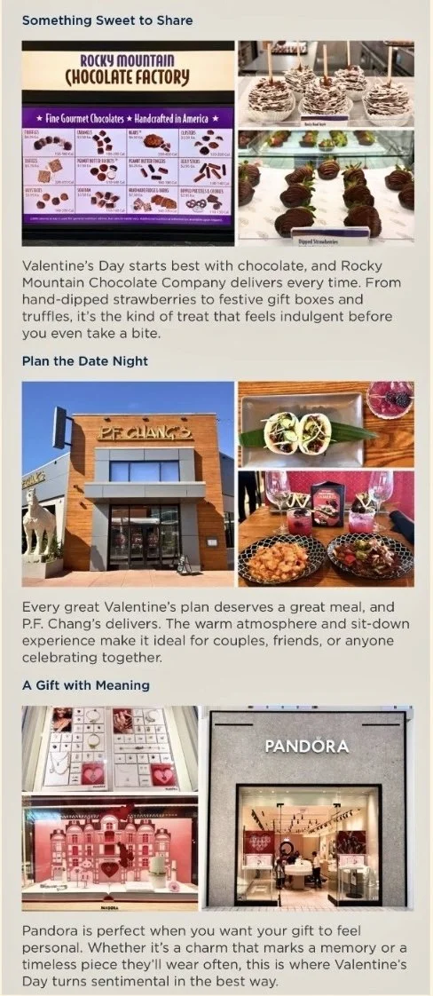 A Valentine's Day themed collage featuring Rocky Mountain Chocolate Factory candies and treats, a P.F. Chang's restaurant with tables of food and drinks, and Pandora jewelry store displays with jewelry and gift items.