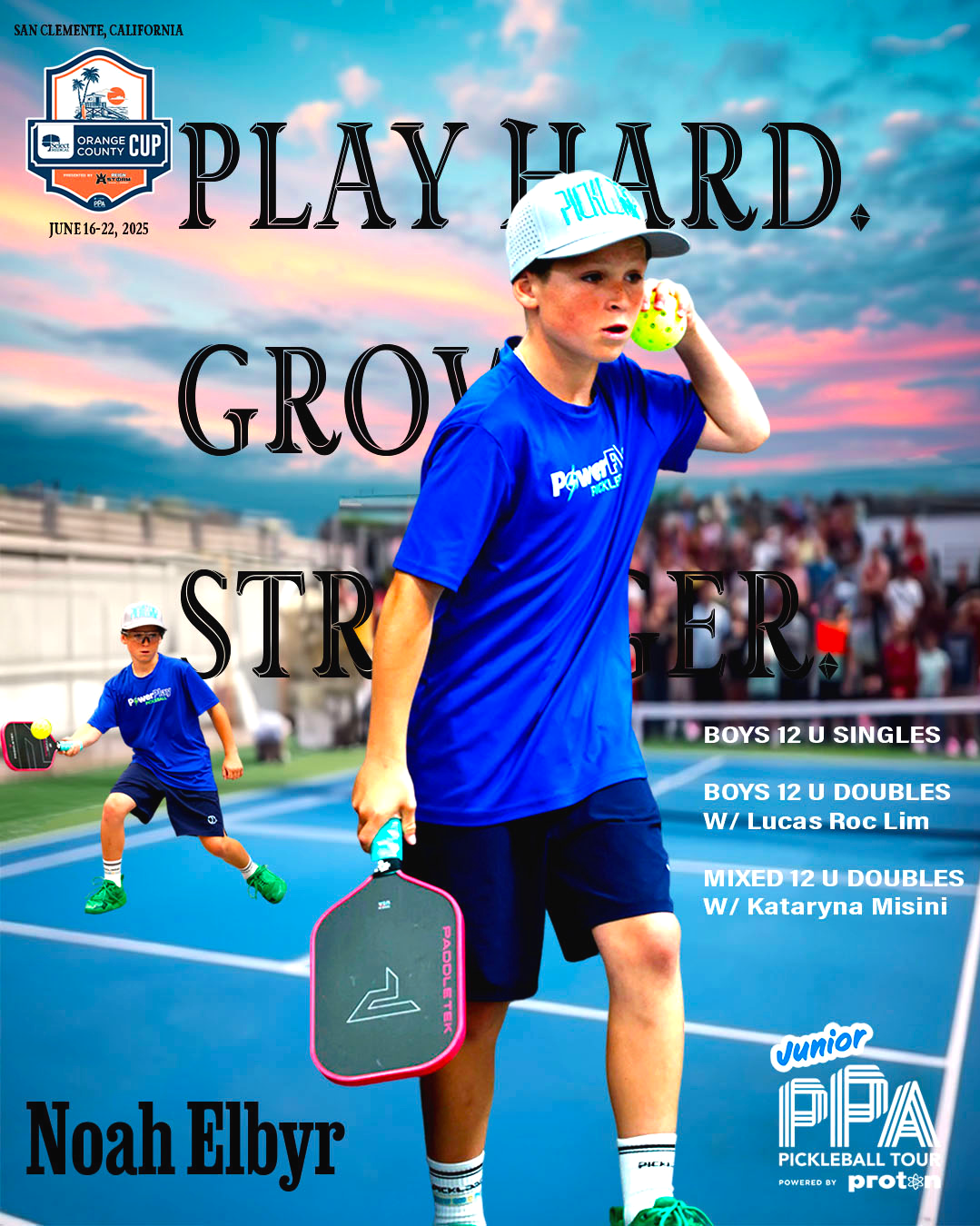 A boy playing pickleball on a court during sunset, wearing a white cap and blue shirt, holding a paddle and ball, with a crowd in the background. The text promotes a pickleball tournament in San Clemente, California, June 16-22, 2025.