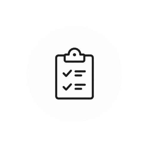 Icon of a clipboard with checkmarks on a white circular background