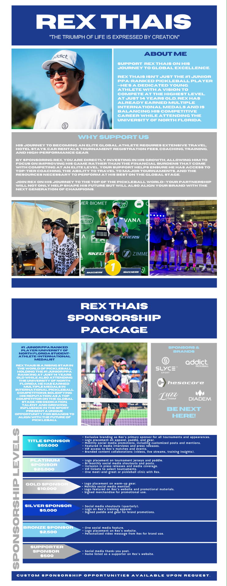 Promotional flyer for Rex Thais featuring athlete profiles, sponsorship details, and images of a young male pickleball player at tournaments.