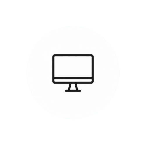 Computer monitor icon inside a white circle on a black background.