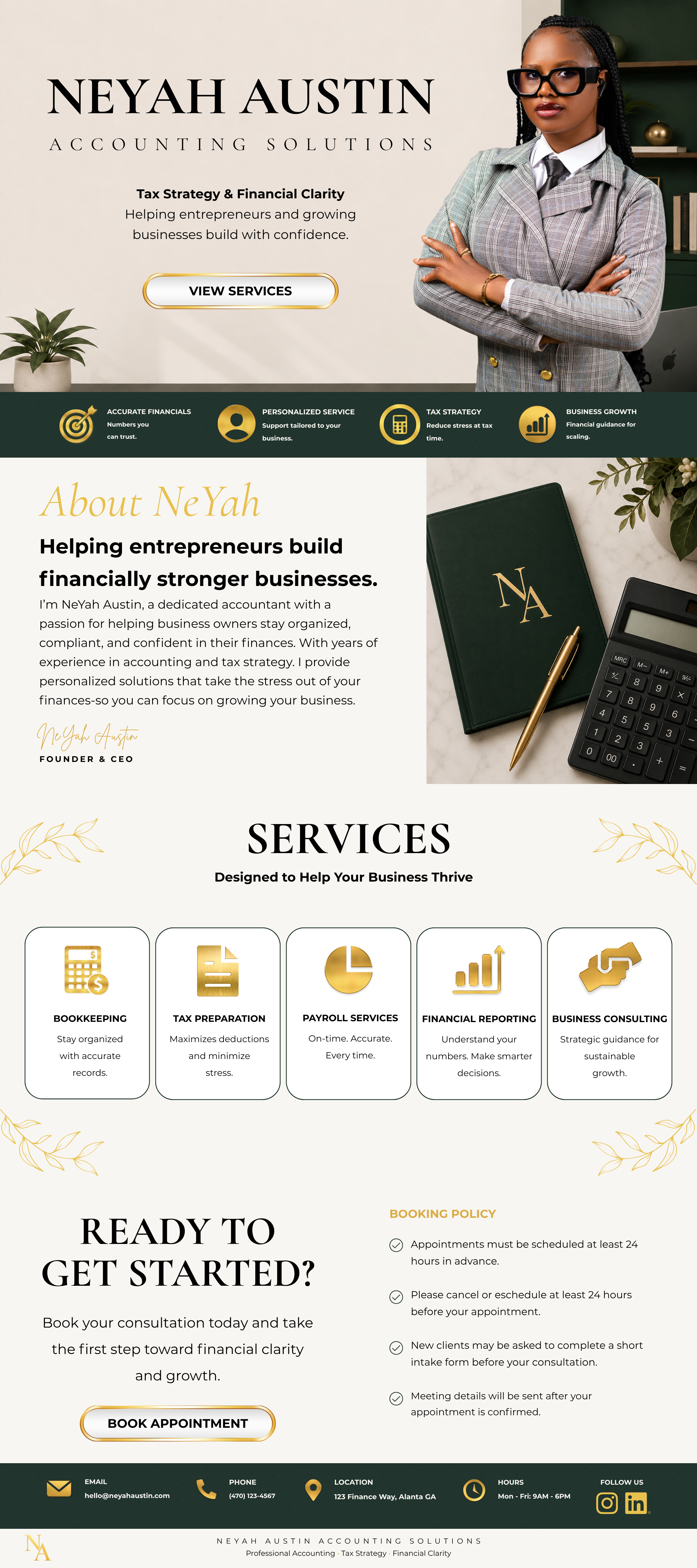 Business woman with glasses in professional attire standing with arms crossed in front of a website homepage for Neyah Austin Accounting Solutions, which offers services like bookkeeping, tax preparation, payroll services, financial reporting, and business consulting.