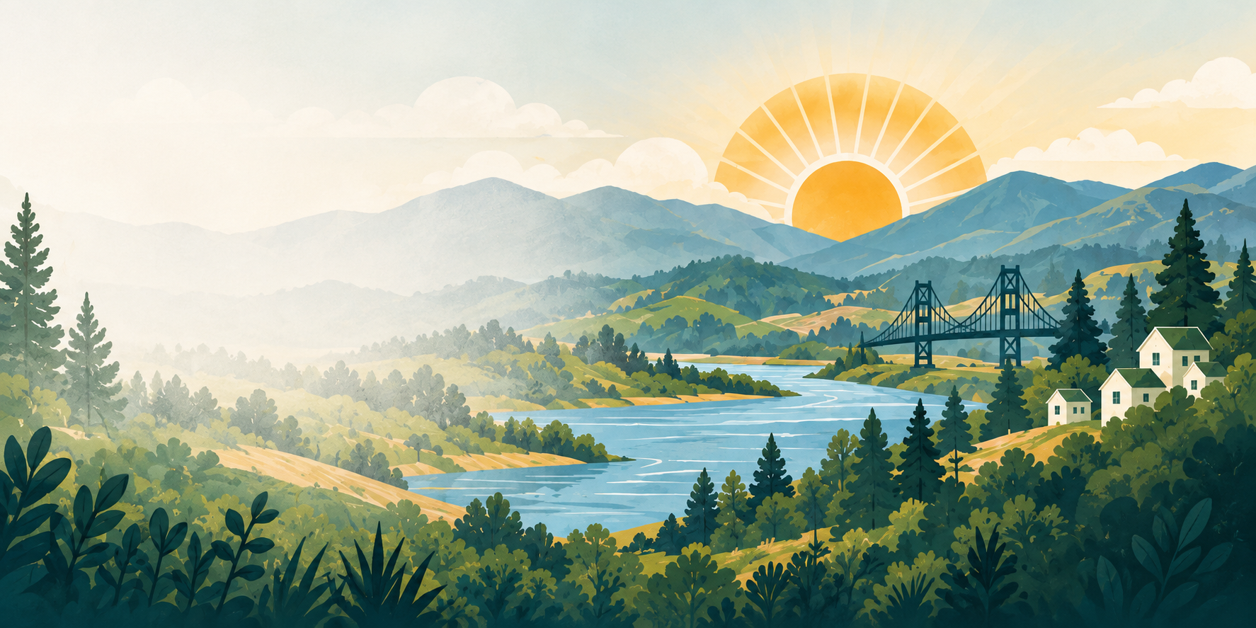 Illustrated Northern California river, evergreen forests, mountains, homes and a bridge beneath a golden sunrise