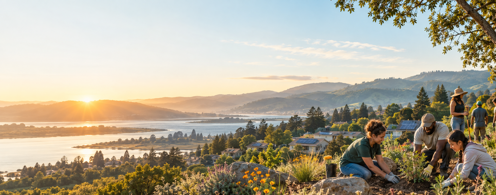 Northern California community members planting native vegetation beside resilient solar-powered homes at sunrise