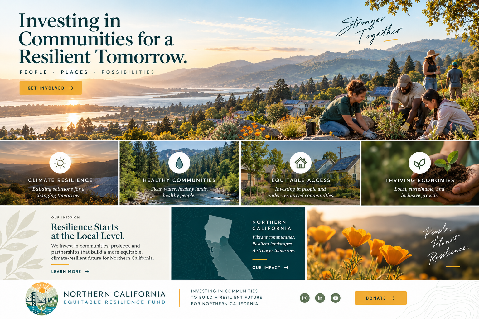 Northern California resilience programs including clean energy, healthy communities, equitable access, and thriving local economies