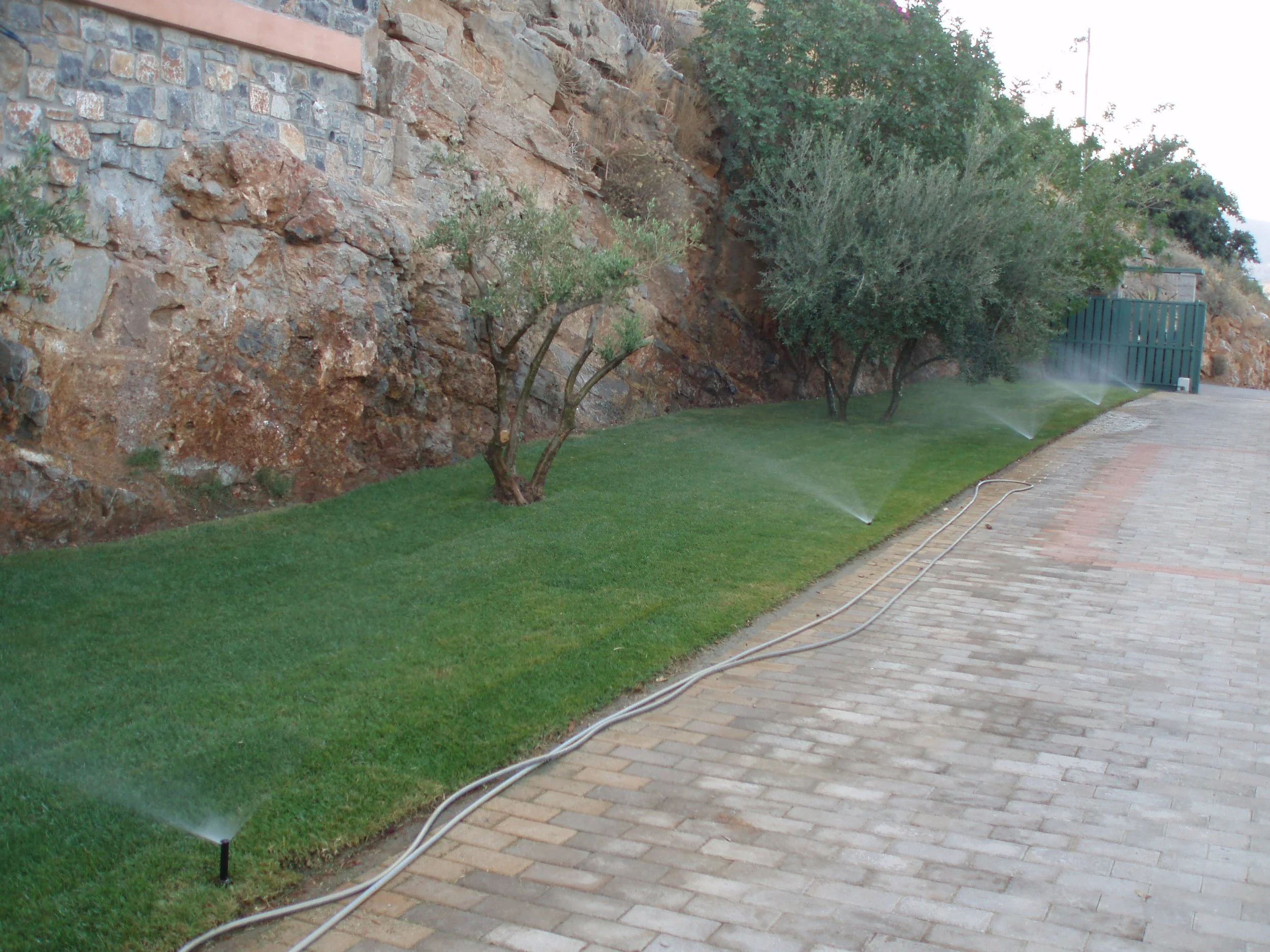 A backyard scene with a rocky cliff wall, several small trees, a green lawn, and sprinklers watering the grass on a brick patio.