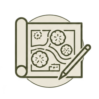 A blueprint or map with trees, a winding path, a directional arrow, and a compass, suggesting planning or navigation, with a pencil placed on the map.