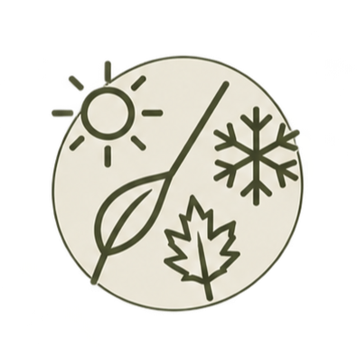 A weather icon representing different seasons with symbols for sun, snowflake, leaf and thermometer.