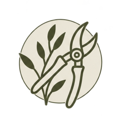 A round wall clock with a plant and pruning shears design on the face.