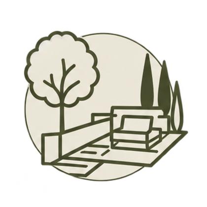 Line drawing of a backyard patio with a tree, bench, and potted plants.