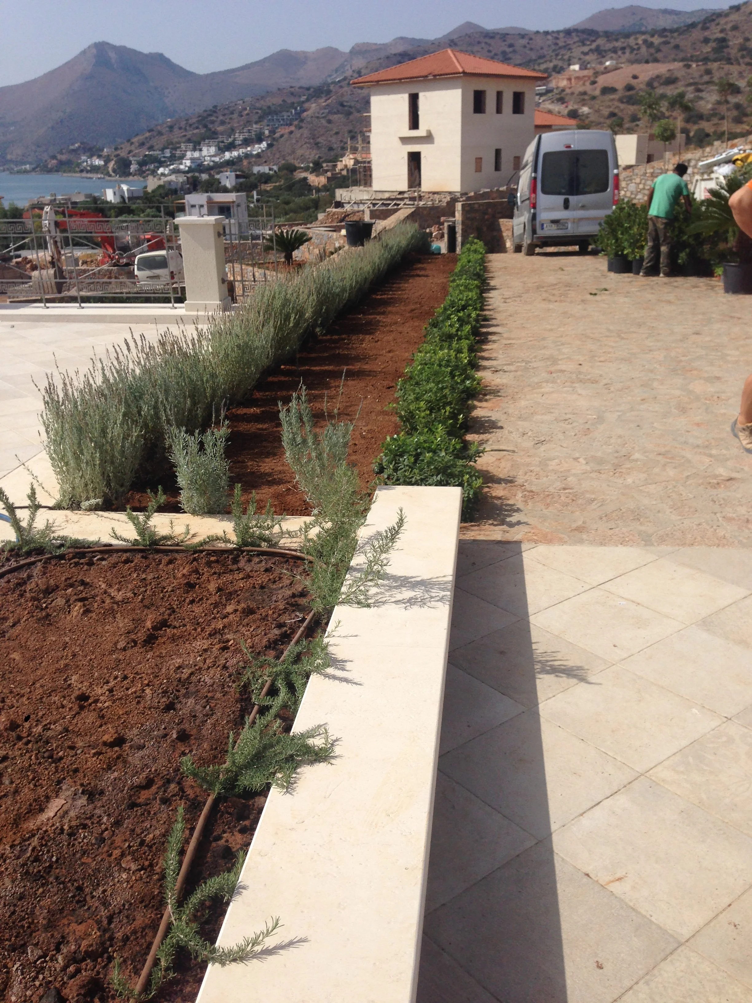 A landscape of a hilly coastal area with a house under construction, a van parked nearby, and a person working with plants in the foreground.
