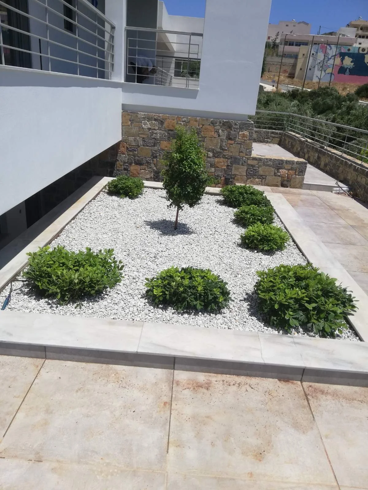 A landscaped area in front of a modern building with small bushes, a central tree, white gravel ground cover, and a stone wall background during daytime.