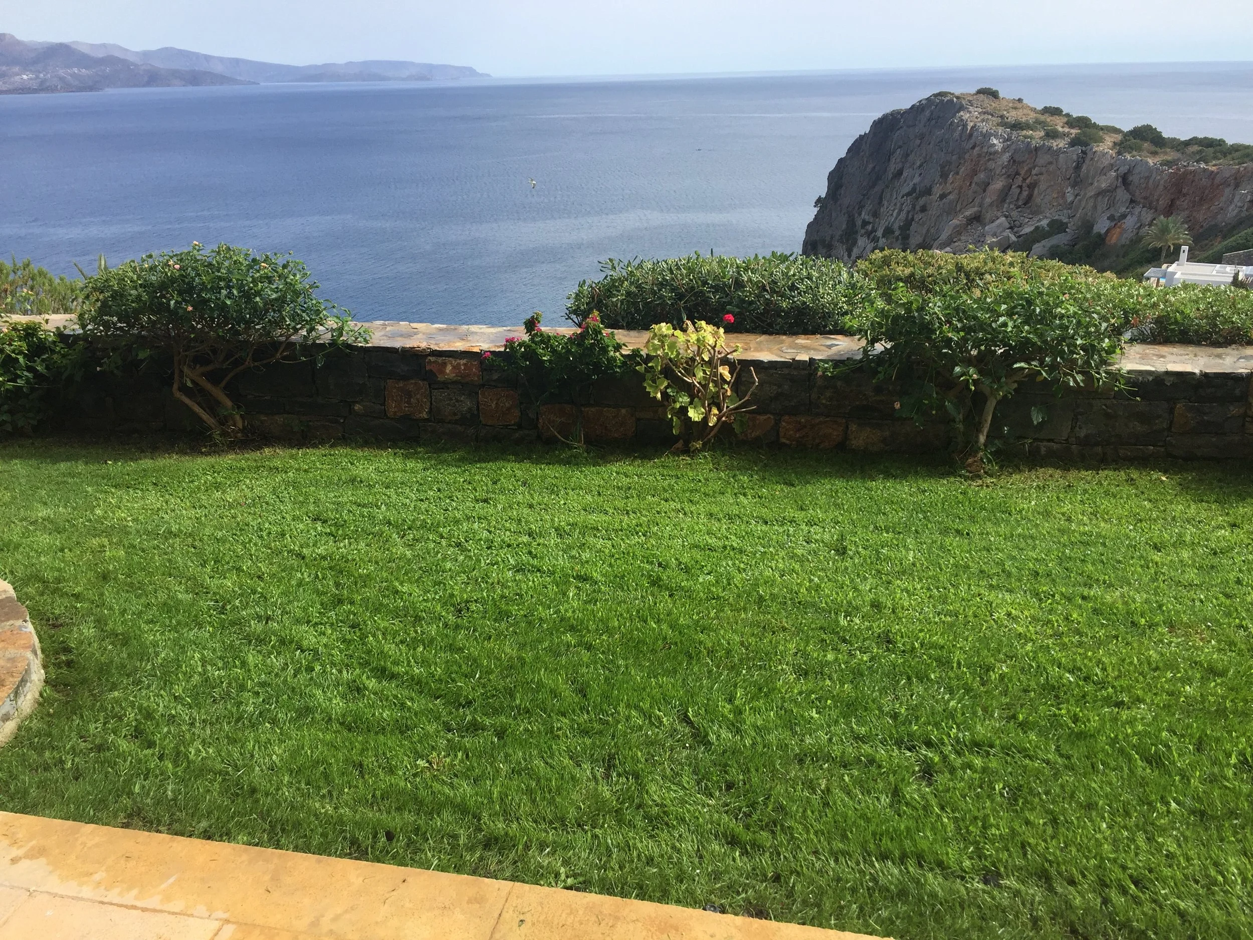 A view of a body of water with a mountain range in the background, seen from a grassy area with landscaped bushes and a stone wall at the foreground.