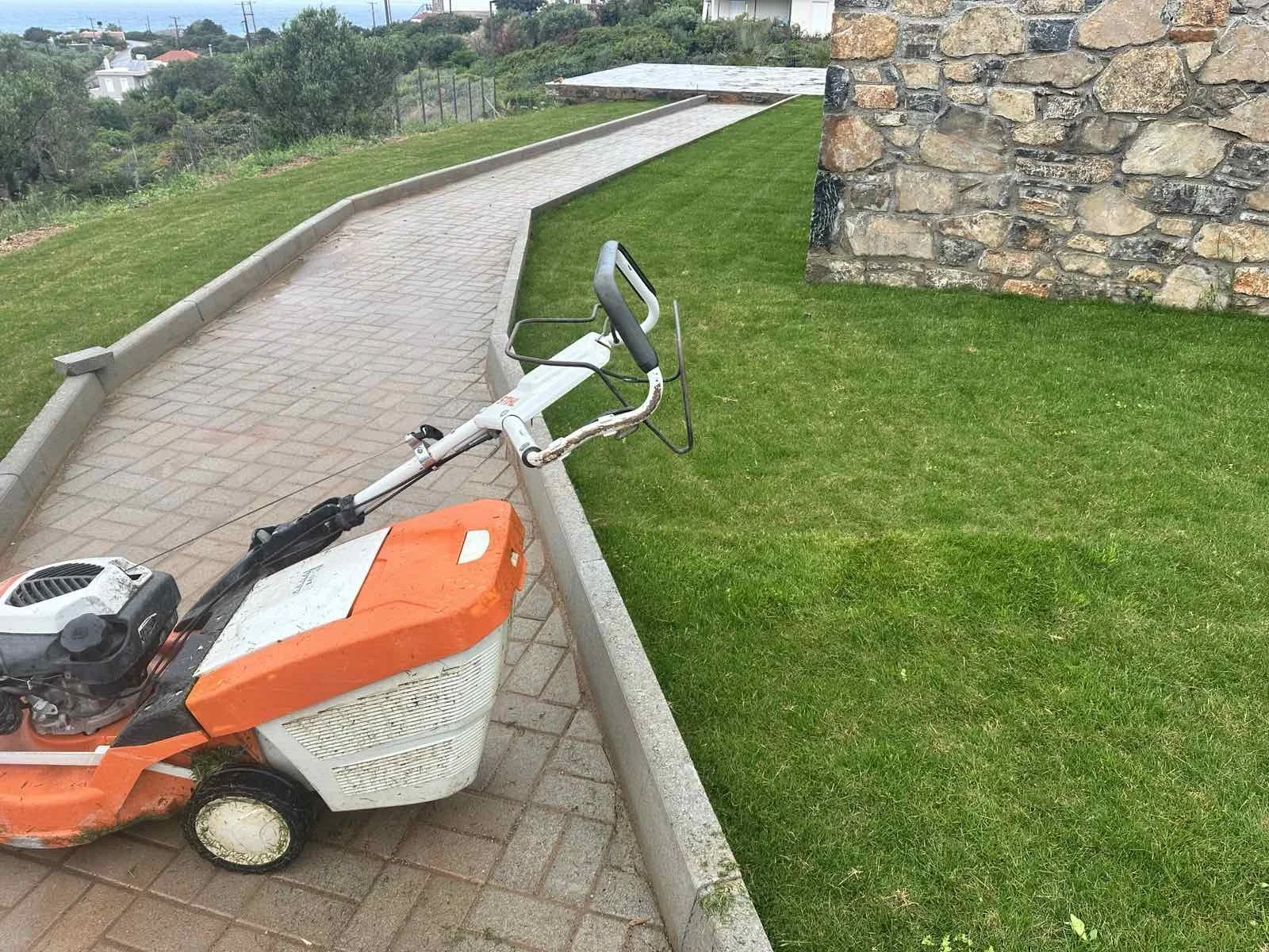 A weed trimmer resting on a paved sidewalk beside a grassy area with a stone wall in the background, overlooking a landscape with trees and houses.