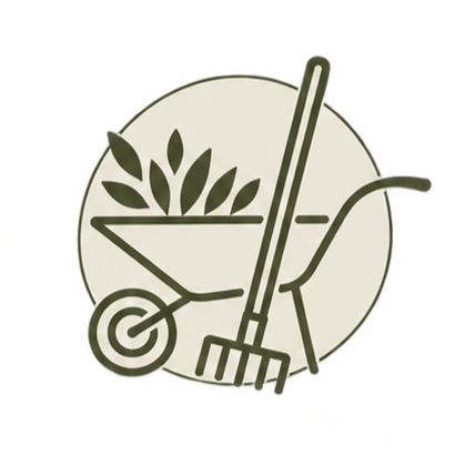 Icon of a wheelbarrow with plants, a rake, and a watering can, representing gardening or yard work.