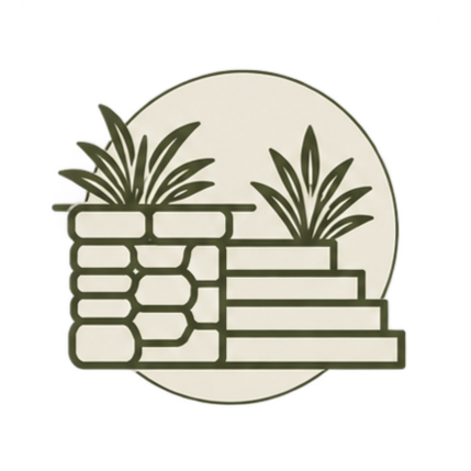 Illustration of potted plants and stacked stone platforms.