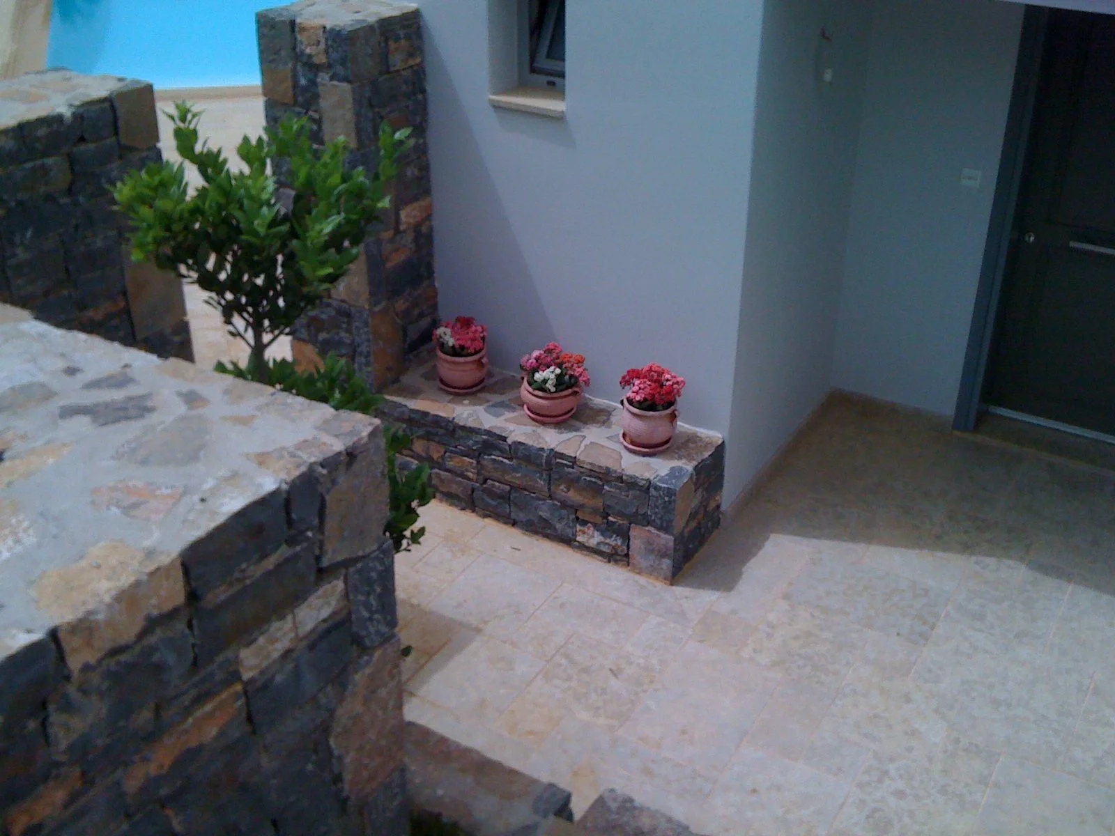 A small outdoor area with a brick wall, potted pink and white flowers, a green shrub, a small window, and an open door leading to an interior space with beige tiles.
