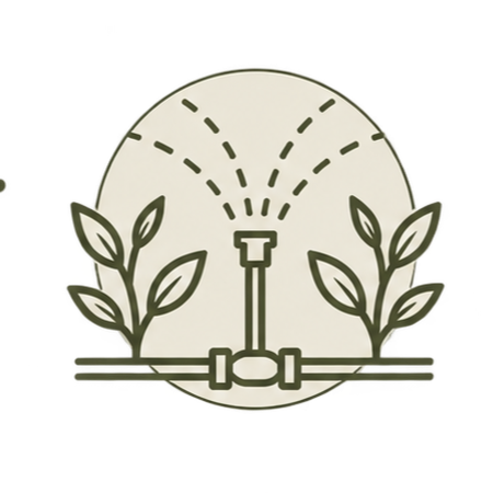 A garden sprinkler watering plants with water droplets, set against a circular background.